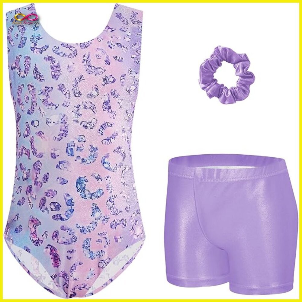 Sparkly Leopard Print Gymnastics Leotard Set with Shorts and Scrunchie